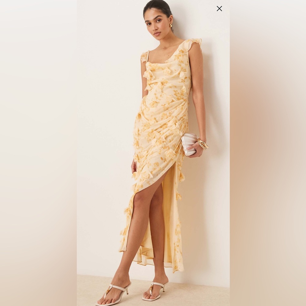 3D Flower Draped Ruffle Sleeve Midaxi Dress